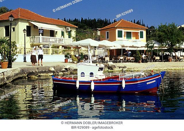 Boat in the harbour of Fiskardo, Island of Kefalonia, Greece, Europe