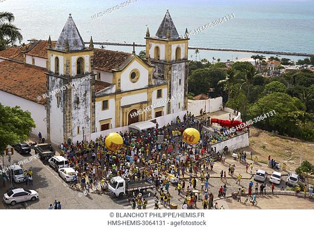 Brazil, Pernambuco, Olinda, Historic centre listed as World Heritage of Humanity by UNESCO, Da Se Cathedral during the Carnival (aerial view)