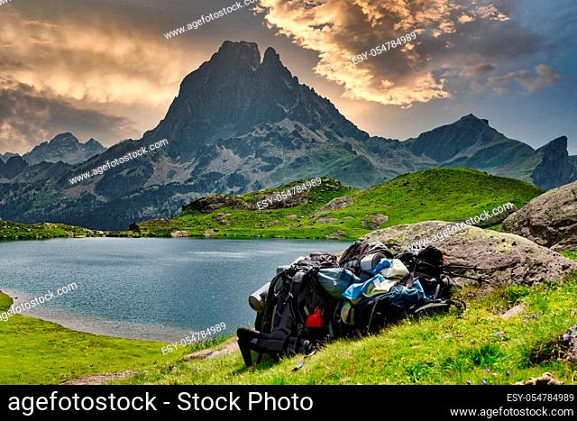View of mountain the Pic du Midi d'Ossau in the French Pyrenees with backpacks