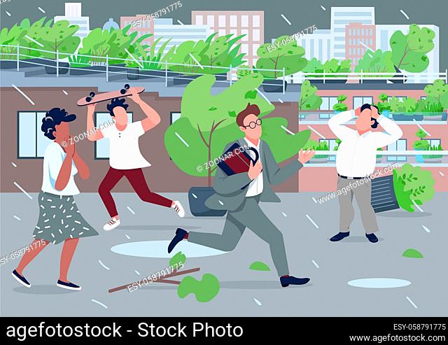 Rainstorm flat color vector illustration. Stressed people running from rainfall 2D cartoon characters with cityscape on background