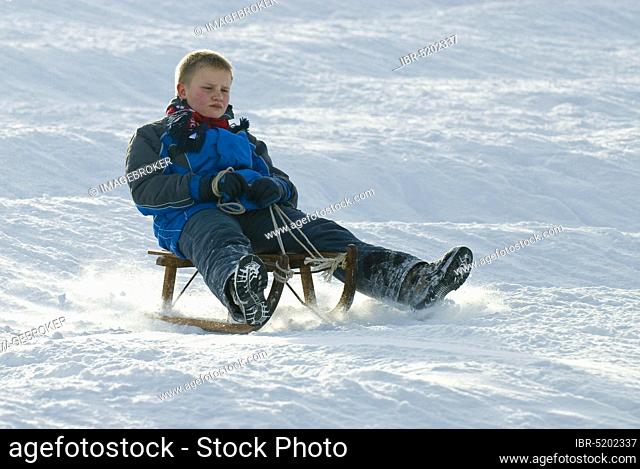 Boy tobogganing, tobogganing, sledding, Lower Saxony, Germany, Europe