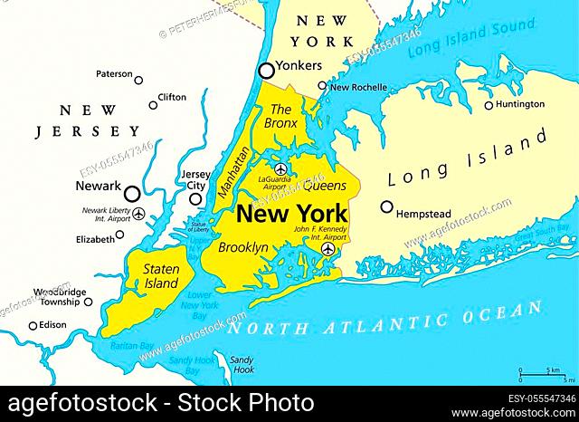 New York City, political map. Most populous city in the United States, located in the state of New York. Manhattan, Bronx, Queens, Brooklyn and Staten Island