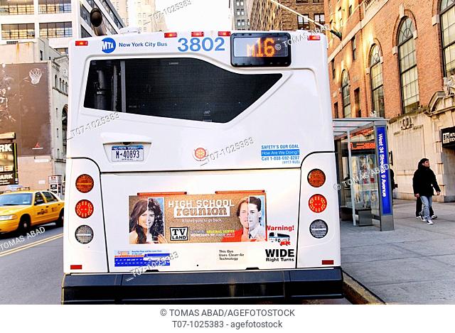 New York City Public Transportation Bus, Rear of a 'Clean Air Hybrid Electric Bus', The MTA Metropolitan Transit Authority started a Clean Fuel Bus Program with...
