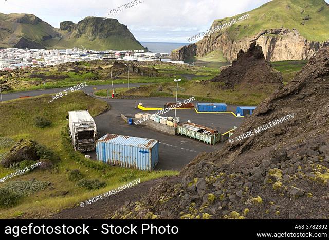Landfill and recycling station on Hemön where the volcano Eldfell formed new ground during the eruption in 1973