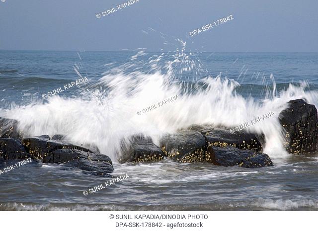 Waves gushing on rocks Vagator Beach Goa Maharashtra India Asia March 2011