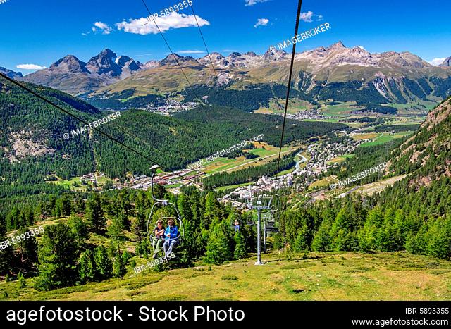 Chairlift to Alp Languard with village overview, Pontresina, Bernina Alps, Upper Engadine, Engadine, Grisons, Switzerland, Europe