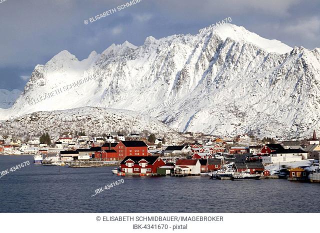 Bay with red houses in winter, Reine, Lofoten, Norway, Reine, Lofoten, Norway