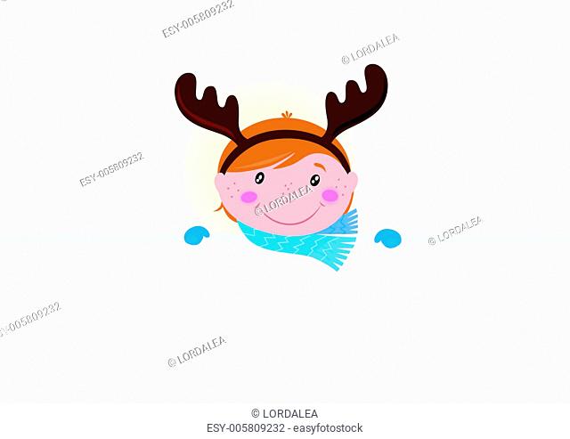 Cute Christmas kid in reindeer costume with blank banner /sign
