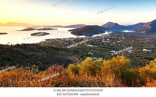 Morning view of Nydri village on Lefkada island and several islands, Greece.