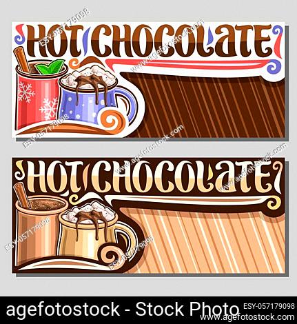 Vector layouts for Hot Chocolate with copy space, card with 2 metal cups of warm christmas dessert, dripping melted chocolate