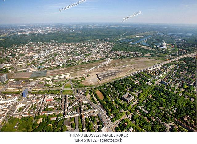 Aerial view, event site of the Loveparade 2010, Gueterbahnhof Duisburg Mitte goods station, Duisburg, Ruhrgebiet area, North Rhine-Westphalia, Germany, Europe