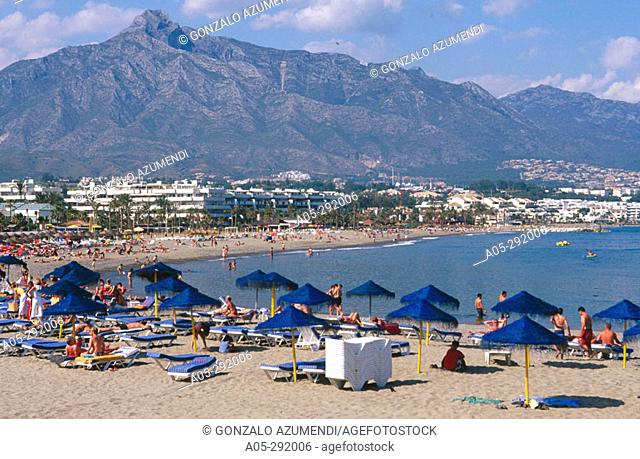 Puerto Banus beach. Marbella. Malaga province. Costa del Sol. Andalucia. Spain