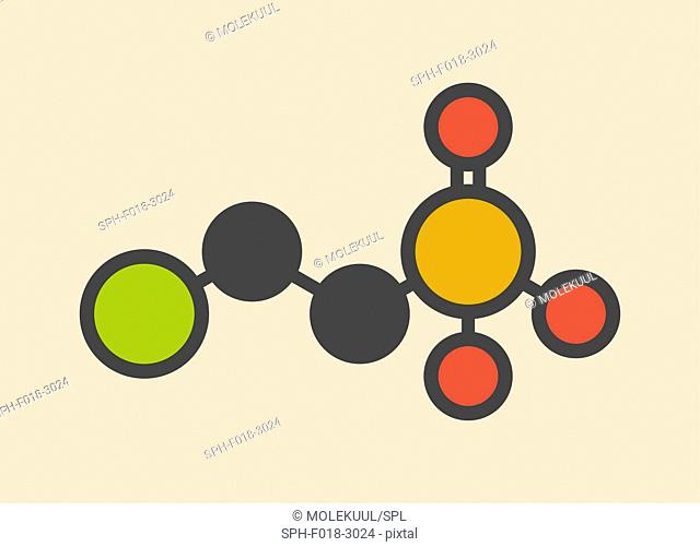 Ethephon plant growth regulator molecule. Stylized skeletal formula (chemical structure): Atoms are shown as color-coded circles: hydrogen (hidden)
