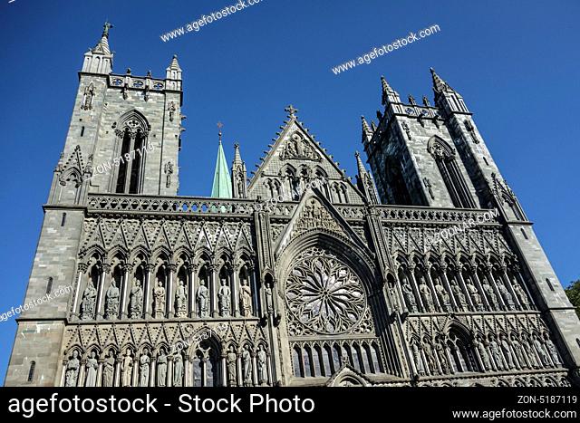 Trondheim cathedral closeup in the blue sky, Norway