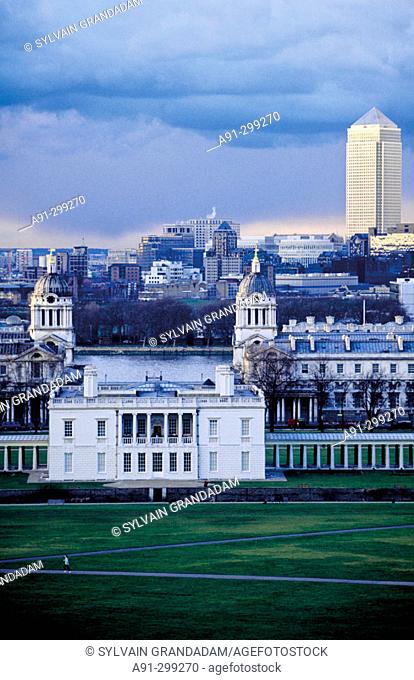 Greenwich Park and Maritime Academy and Canary Wharf tower in background. London. England