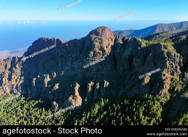 Aerial volcanic landscape formed by the crater of a volcano in Guimar, Tenerife, Canary Islands. High quality photo