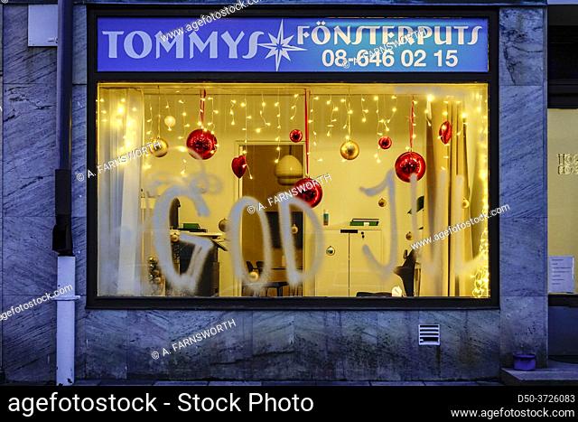 Strockholm, Sweden Window Christmas decorations in the Vastertorp suburb