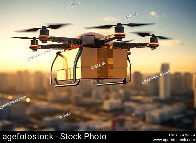 Drone flying through the air with a delivery box package. Carrying a package, drone delivery concept. AI generated