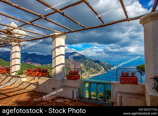 amazing view of the terrace of Villa Rufolo and then into the abyss - the Amalfi coast and mountains in southern Italy - Campania province