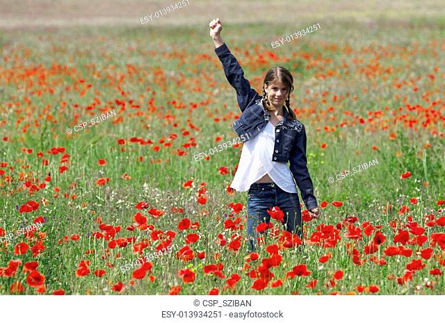 Girl with poppies happy