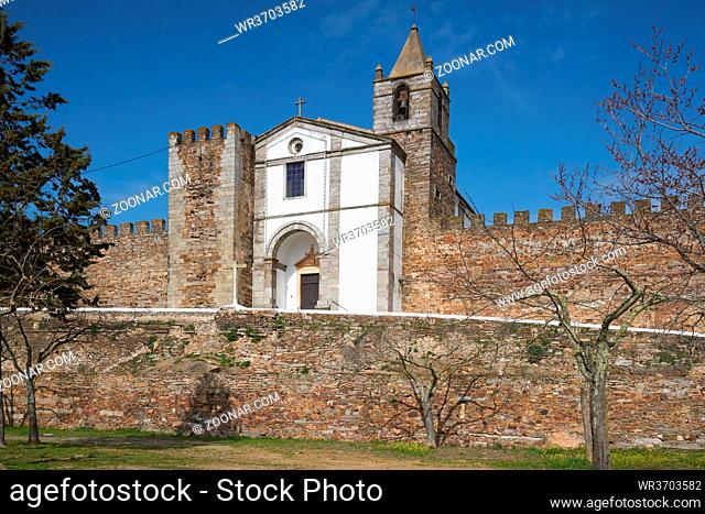 Mourao castle facade entrance with tower in Alentejo, Portugal