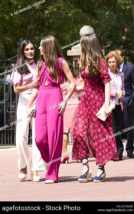 Queen Letizia of Spain, Crown Princess Leonor, Princess Sofia arrive for the confirmation of Princess Sofia at 'Asuncion de Nuestra Senora' church on May 25