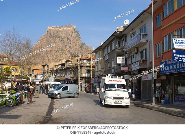 Street scene with Kale the hilltop fortress Afyon western Anatolia Turkey Asia