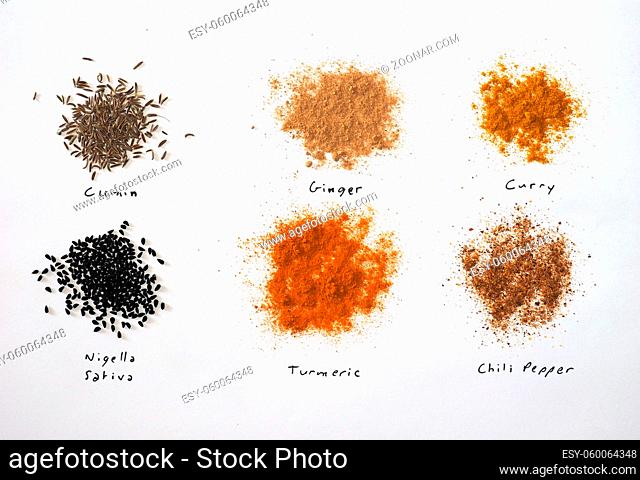 Many Indian and South American spices powder including Ginger Curry Turmeric Chili Pepper Black Cumin and Nigella Sativa