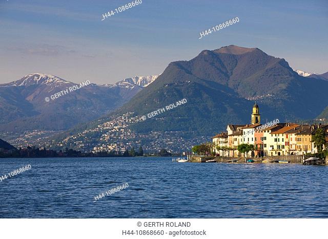Brusino-Arsizio, Switzerland, canton Ticino, lake, Lago di Lugano, Lake of Lugano, mountain, village, houses, homes, church, evening light, spring, boats
