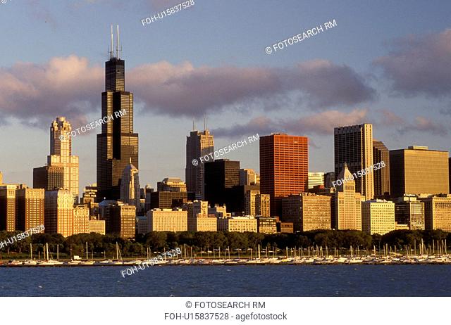 skyline, Chicago, Illinois, IL, Lake Michigan, Downtown skyline of Chicago from Chicago Harbor on Lake Michigan