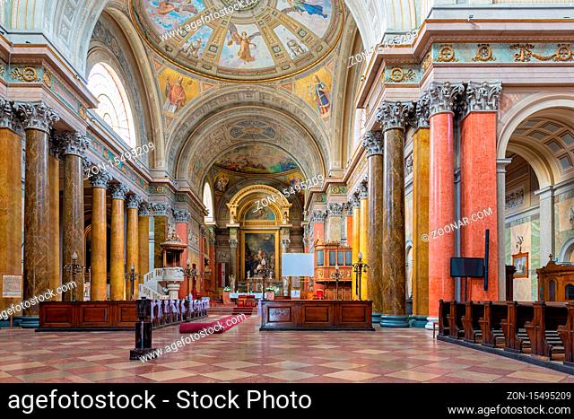 Eger, Hungary - July 05, 2019: Interior cathedral Basilica of St. John the Apostle also called Eger Cathedral in Eger, Hungary