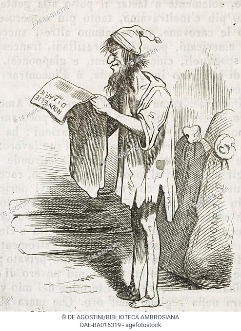 Satirical cartoon depicting life in California, United States of America, engraving from L'album, giornale letterario e di belle arti, April 14, 1849, Year 16