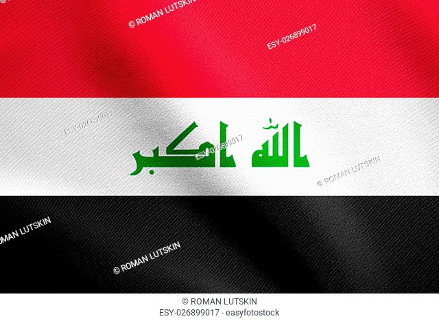 Iraqi national official flag. Irak patriotic symbol, element, background. Iraki banner. Flag of Iraq waving in the wind with detailed fabric texture