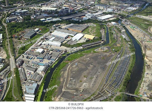 Aerial view of industrial units Stratford next to the 2012 Olympic Park, Stratford, London, UK. 22nd of June 2007