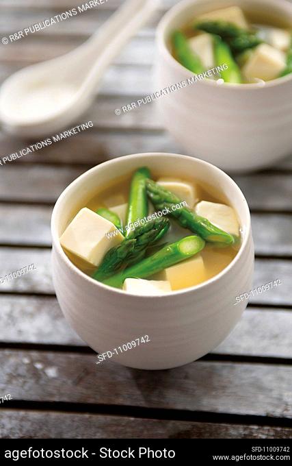 Miso soup with tofu and asparagus
