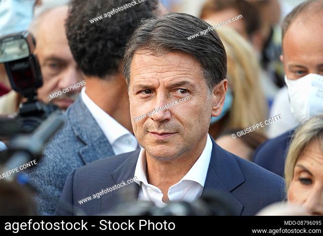 The leader of the Movimento 5 Selle Giuseppe Conte participates in the electoral rally of the candidate mayor of Milan Layla Pavone at the Darsena