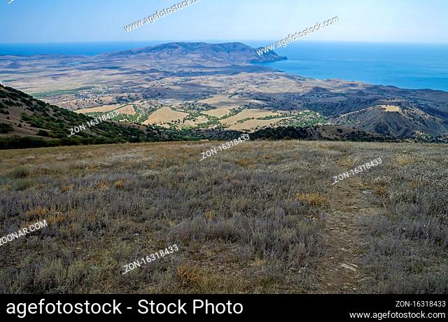 Semi-desert landscape on the shores of the Black Sea. Crimea, view from the top of the mountain Ai-George (or Saint George). September