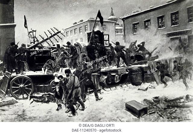 The barricades, drawing. Russian Revolution in 1905, Russia, 20th century.  Paris, Musée D'Histoire Contemporaine (History Museum), Hôtel Des Invalides