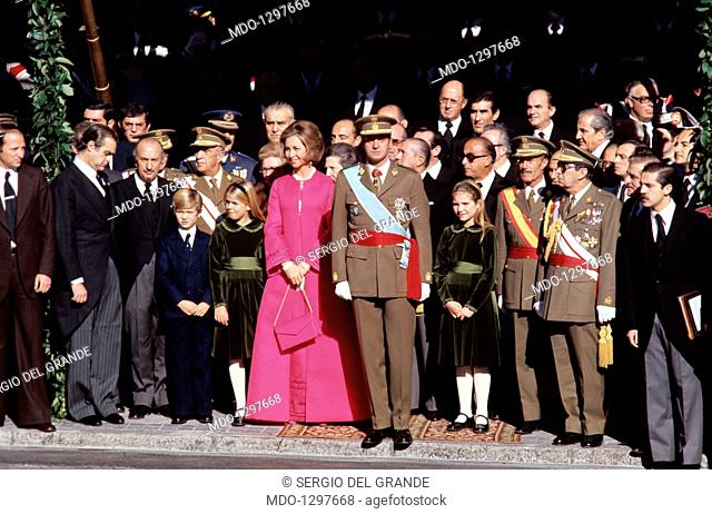 Juan Carlos, after he has been designated King of Spain, with Sophia and their children. Juan Carlos of Bourbon has just left the Palace of Cortes (the Spanish...