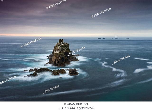 The Armed Knight rock stack and Longships Lighthouse off the coast at Land's End, Cornwall, England, United Kingdom, Europe