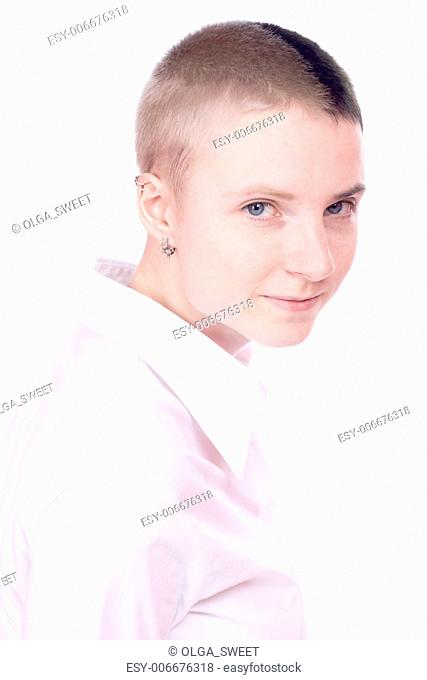 Beautiful woman with short hair wearing white shirt isolated on white