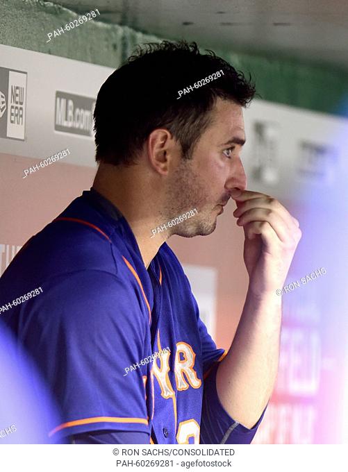 New York Mets starting pitcher Matt Harvey (33) watches eighth inning action from the dugout as his team bats against the Washington Nationals at Nationals Park...