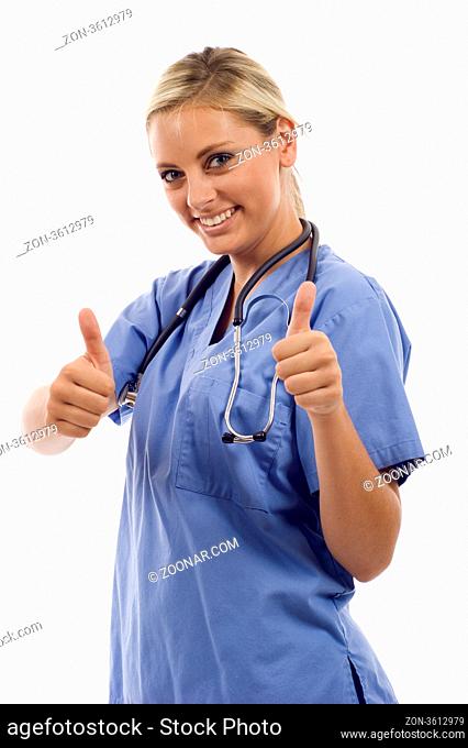 Woman in medical uniform giving two thumbs up! isolated on white background