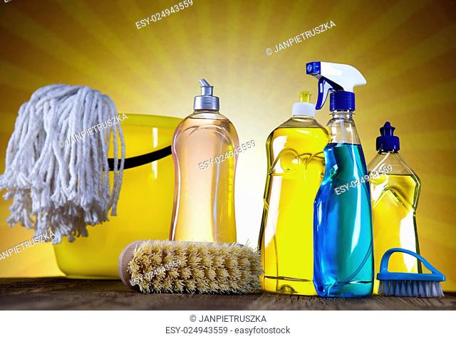 Cleaning Equipment and sun, home work colorful theme