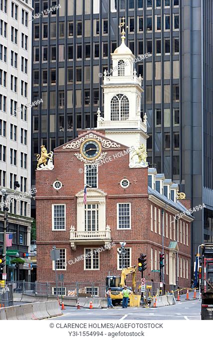 The Old State House amongst the modern buildings in the Financial District, Boston, Massachusetts, USA