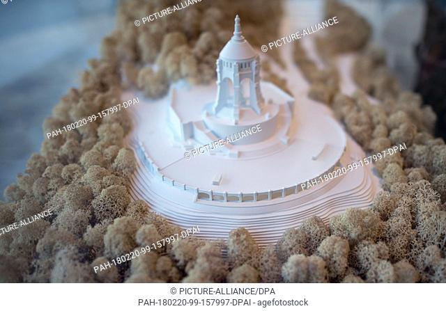 20 February 2018, Germany, Porta Westfalica: A model of the Emperor William Monument depicts the curtain wall. LWL director Loeb visits the construction site...