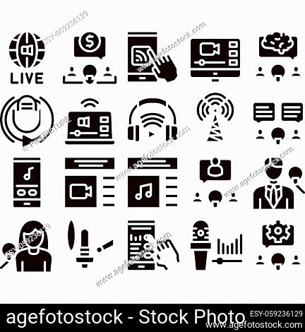 Podcast And Radio Glyph Set Vector Thin Line. Internet Global Live Broadcasting Podcast, Headphones, Microphone And Antenna Glyph Pictograms Black Illustrations