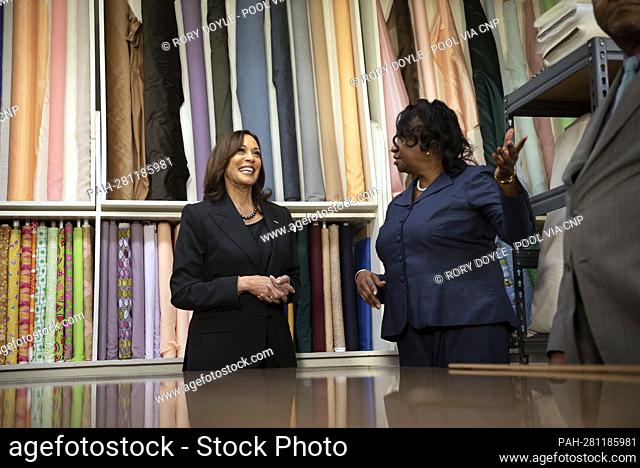 United States Vice President Kamala Harris meets with small business owner Joycee Johnson at Joycee’s Fabric and Dress in Greenville, Mississippi on April 1