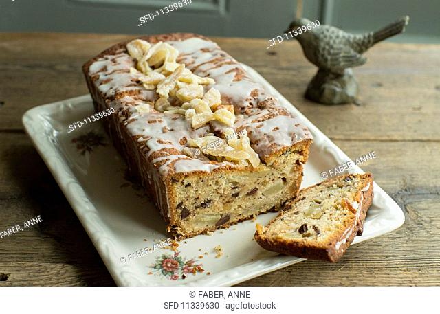 Pear loaf cake with candied ginger and chocolate