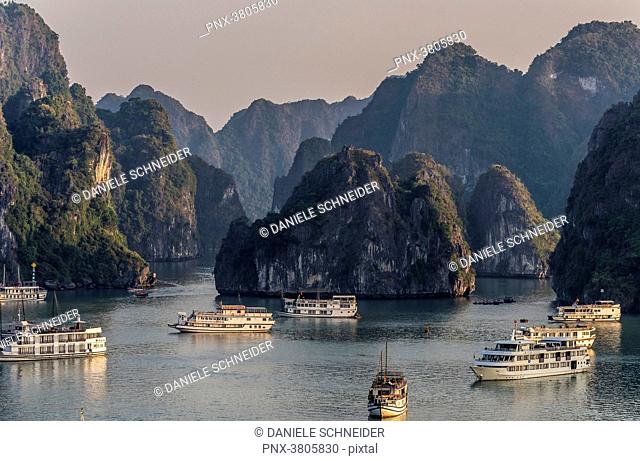 Vietnam, Ha Long Bay, cruise boat in the middle of islets (UNESCO World Heritage)